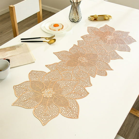 Inerposs PVC Table Mat, Stamped Hollow Floral Design, Non-Slip Insulation Runner, Water-Resistant Table Decoration, Perfect for Festive Parties