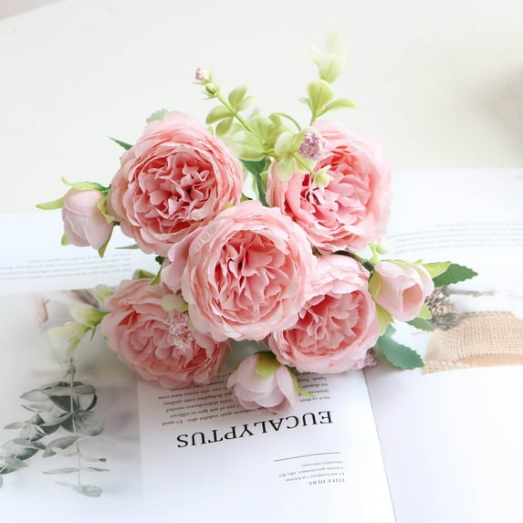 Inerposs Peonies Artificial Flowers, Small Silk Flowers for Home Decor Indoor Fake Bouquet Faux Floral Arrangements Dining Table Centerpieces for Kitchen Bridal Wedding Party Decor