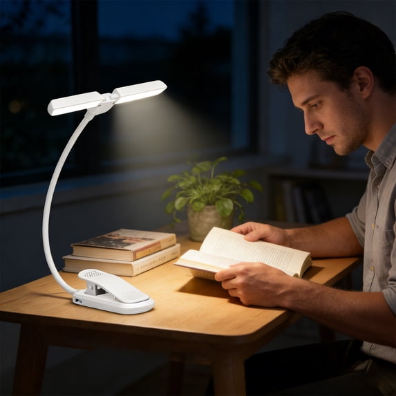 Inerposs Rechargeable LED Desk Lamp, Double Head Clip-On Reading Light, Tunable Brightness, Color Temperature, Eye Caring for Home Office, Study, Dorm Room, Travel