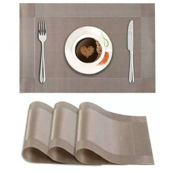 Inerposs Set of 6 Washable Vinyl Place Mats for Dining Table, Heat-Resistant PVC Weave Table Mats in Silver, Brown, Khaki