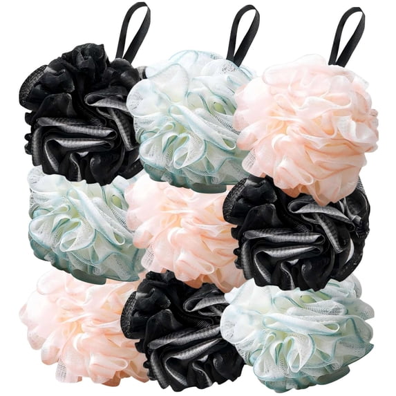 Inerposs Shower Loofah Sponge – Exfoliating Body Bath Puff, Soft Mesh Luffa with Hanging Loop for Women & Men – Long-Lasting, Quick-Dry, Rich Lather – Mixed, 9pc