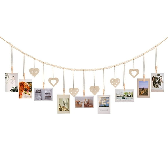 Inerposs Valentine's Day Wooden Beads Photo Holders, Rustic Photo Wall Organizer, Multifunctional Decorative String Clip for Home Office, Ideal Gift for Couples and Friends