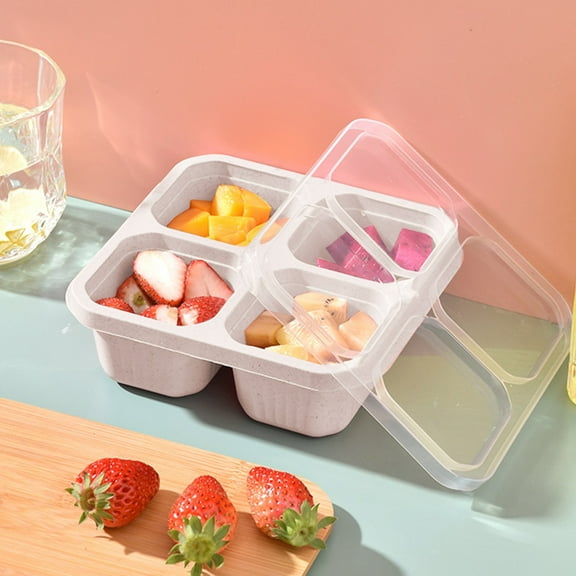 Inerposs Wheats Straw Squares Four Compartments Lunch Box, Transparent Lid, Refrigerator Fresh Food Storage, Stackable & Easy to Clean, Eco-Friendly Material