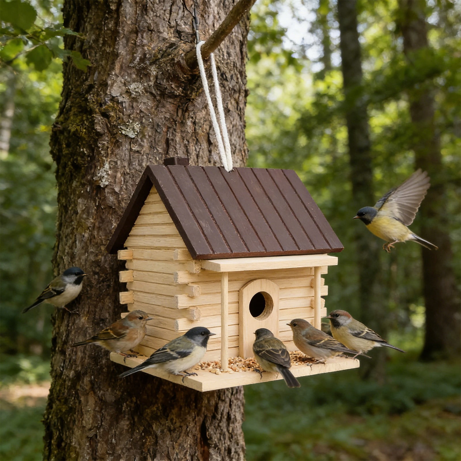 Inerposs Wooden Birdhouse Feeder, Outdoor Bird Feeding Station, Graffiti Nest for Parrots, Natural Wood Bird Shelter, Perfect for Courtyard Birdwatching