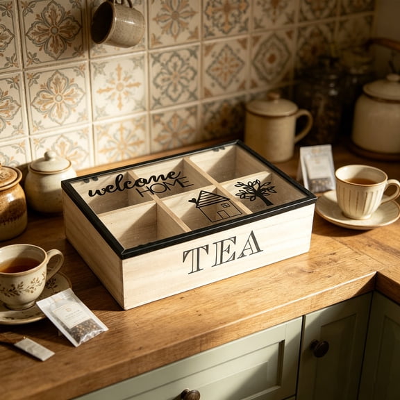 Inerposs Wooden Tea Storage Box, Divided Compartment Organizer, Desktop Kitchen Decor, Tea Bags and Snacks Holder, Vintage Style Home Organizer