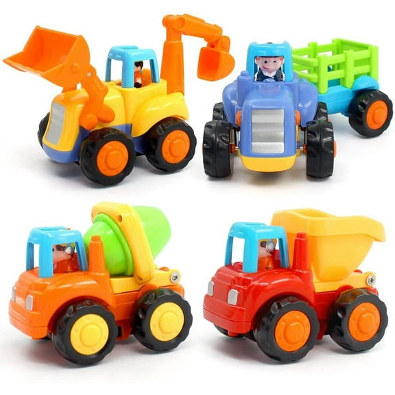 Inertia Toy Early Educational Toddler Baby Toy Friction Powered Cars Push and Go Cars Tractor Bulldozer Dumper Cement Mixer Engineering Vehicles Toys for Children Boys Girls Kids Gift 4PCS