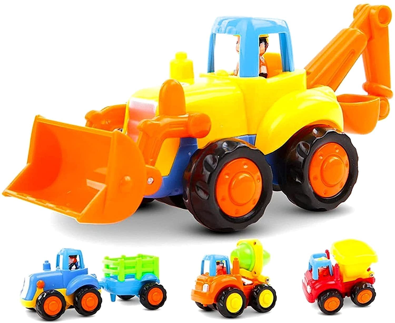Inertia Toy Early Educational Toddler Baby Toy Friction Powered Cars Push and Go Cars Tractor Bulldozer Dumper Cement Mixer Engineering Vehicles Toys for Children Boys Girls Kids Gift 4PCS