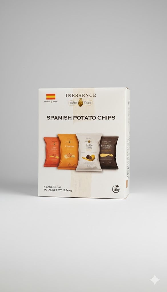 Inessence Spanish Potato Chips Variety Pack – 4-4.41oz (Truffle, Chorizo, Jamón Ibérico, Extra Thick) – Authentic Gourmet Snacks from Spain, Non-GMO