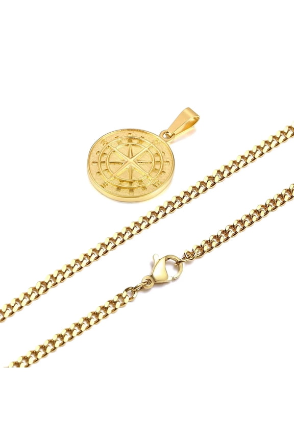 Golden Mens Compass Necklaces,Vintage Viking North Star Anchor Medal,14k Yellow Gold Pendant for Male Dad Boyfriend Gift J037