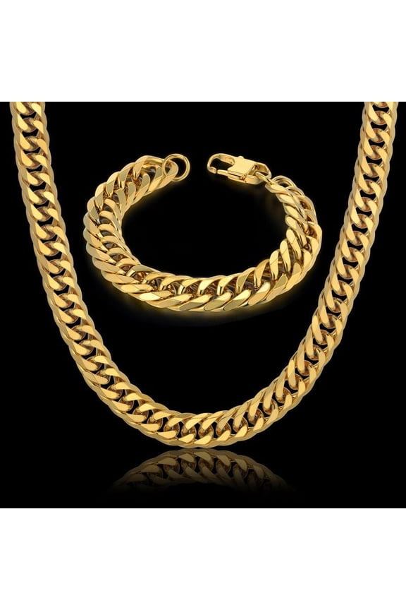Hip Hop Chain Jewelry Sets 14k Yellow Gold 14MM Thick Chain Necklace & Bracelet Set Cuban Link Chains Hippie
