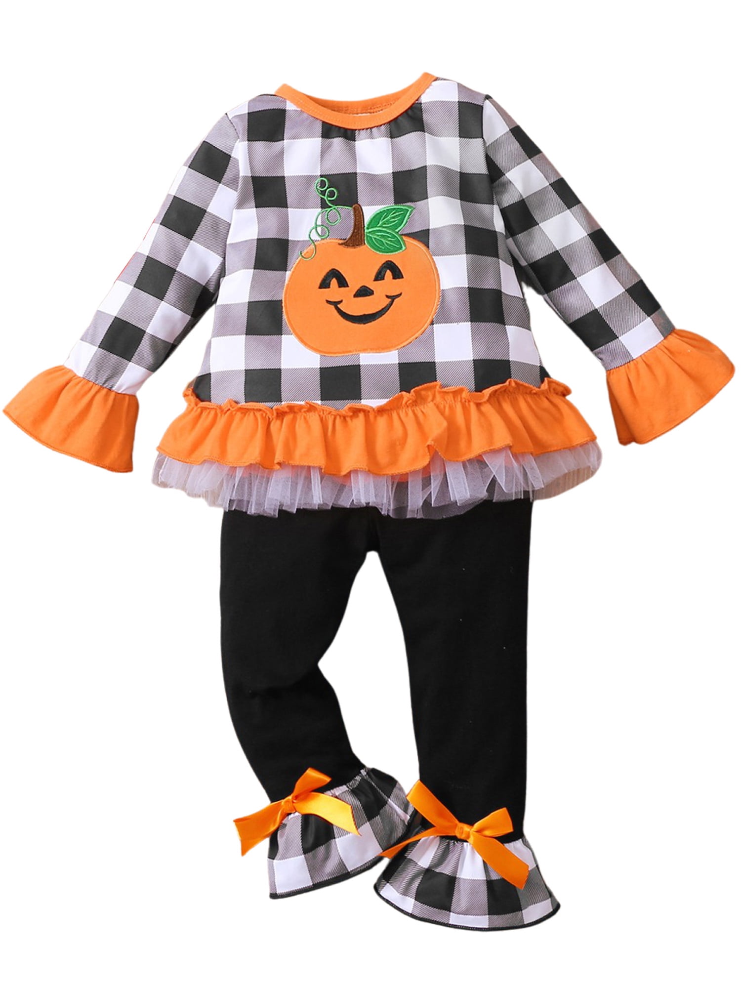 Girl Halloween Pumpkin Outfit Long Sleeve Peplum Shirt Top Bell