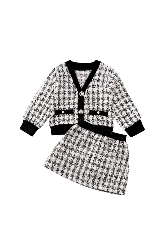 2Pcs Toddler Baby Girls Long Sleeve Plaid Tweed Cardigan Coat Dress Skirt Princess Party Formal Outfits