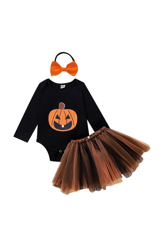 3Pcs Baby Girls My 1st Halloween Outfits Pumpkin Print Romper Bow Tutu Dress Headband