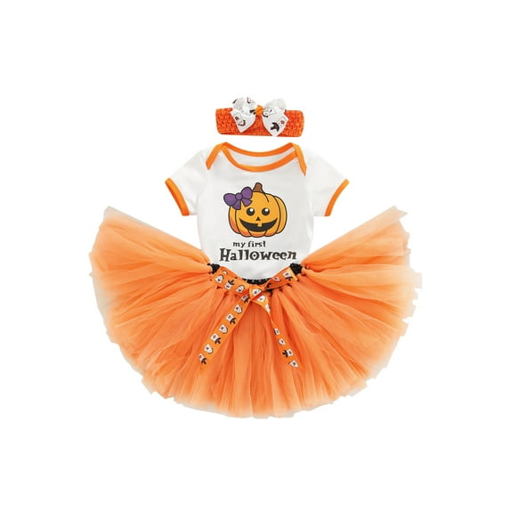 Inevnen 3pcs Newborn Baby Girls Princess Romper Outfit My 1st Halloween Tutu Skirt with Headwear