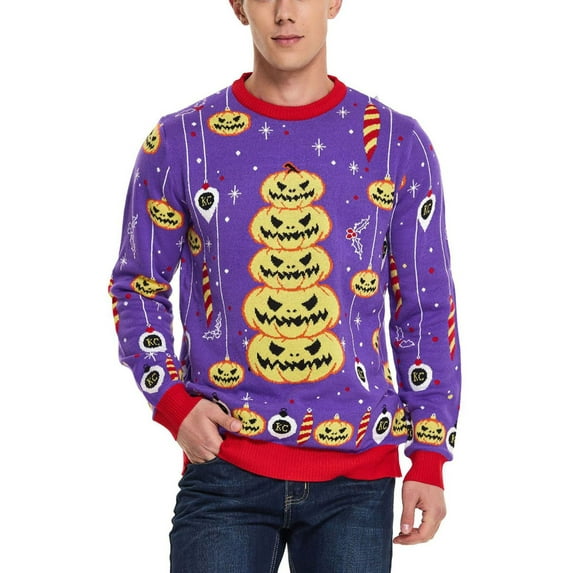 Inevnen Adult Halloween Ugly Sweaters Spooky Pumpkin Long-Sleeved Knitted Crewneck Sweatshirts Jumper Top