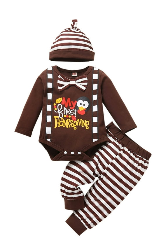 Baby Boy Girl My First Thanksgiving Outfits Turkey Romper Long Pants Hat Clothes Set