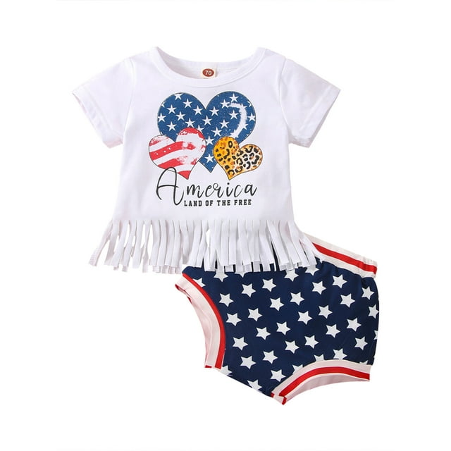 Inevnen Baby Girl 4th of July Outfit Short Sleeve Tassel Shirt Top