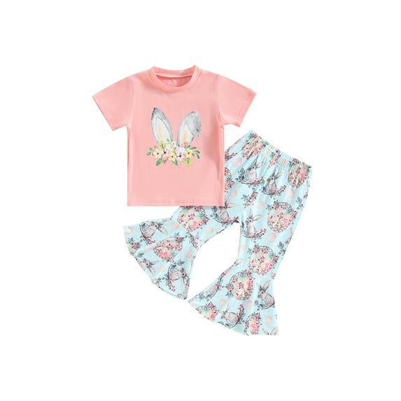 Inevnen Baby Girl Easter Outfits My 1st Easter Ruffle Sleeve Letter Romper Bunny Flare Pant