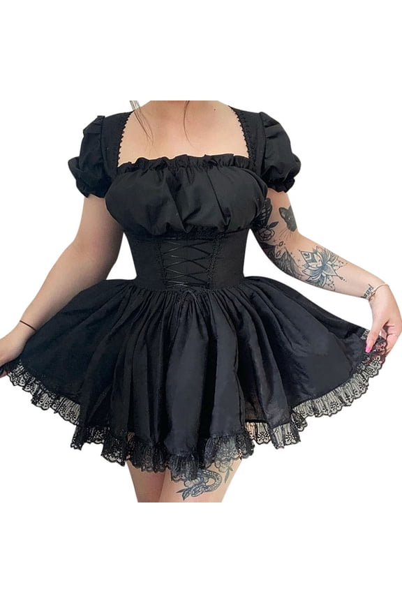 Black Gothic Lolita White Lace Dress Puff Sleeve Lace-up Short Dresses for Women Girl