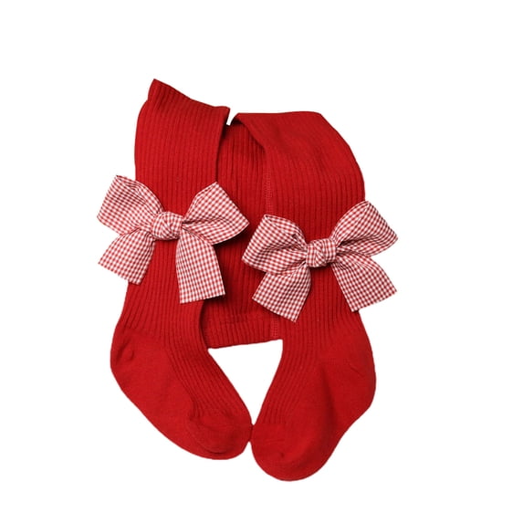 Inevnen Christmas Infant Baby Girls Bow Ribbed Red Pantyhose Toddler Girls Stretch Mid-Rise Tights