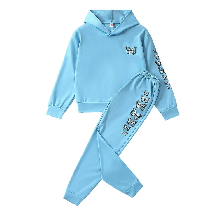 Inevnen Girls Fall Winter Winter Sweatsuit Outfit Butterfly Print Hoodie Top and Sweatpants Set Tracksuit