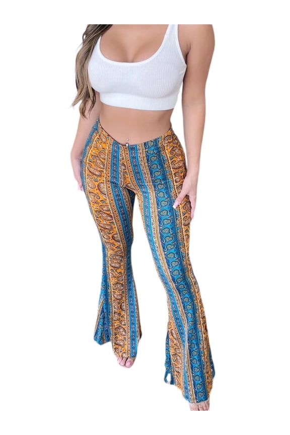 High Waist Gypsy Comfy Yoga Ethnic Tribal Stretch Palazzo 70s Bell Bottom Fit to Flare Pants
