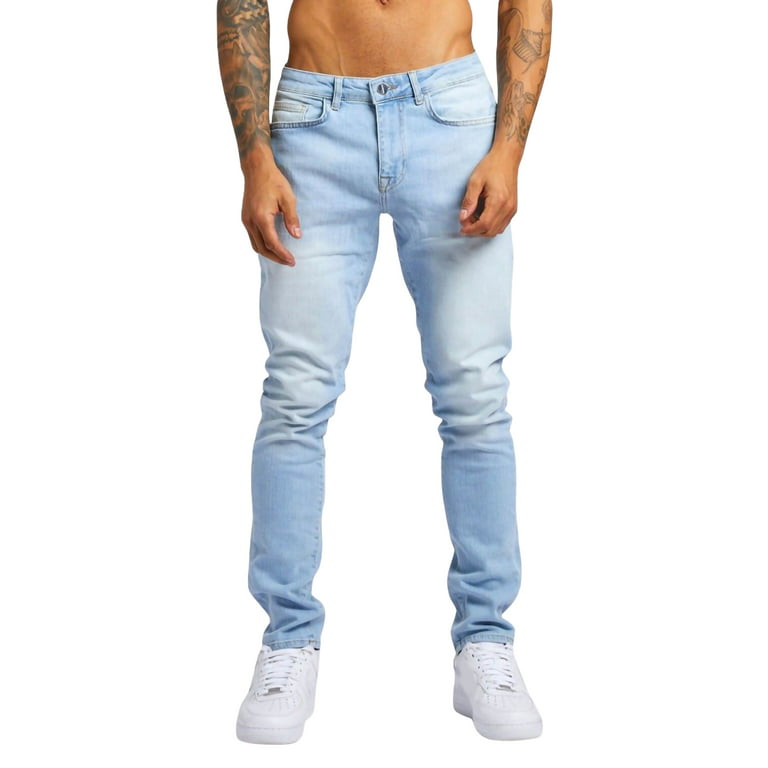 Inevnen Men Jeans Low-Waist Slim-Fit Denim Pants for Street Daily Life  Light Blue/Black
