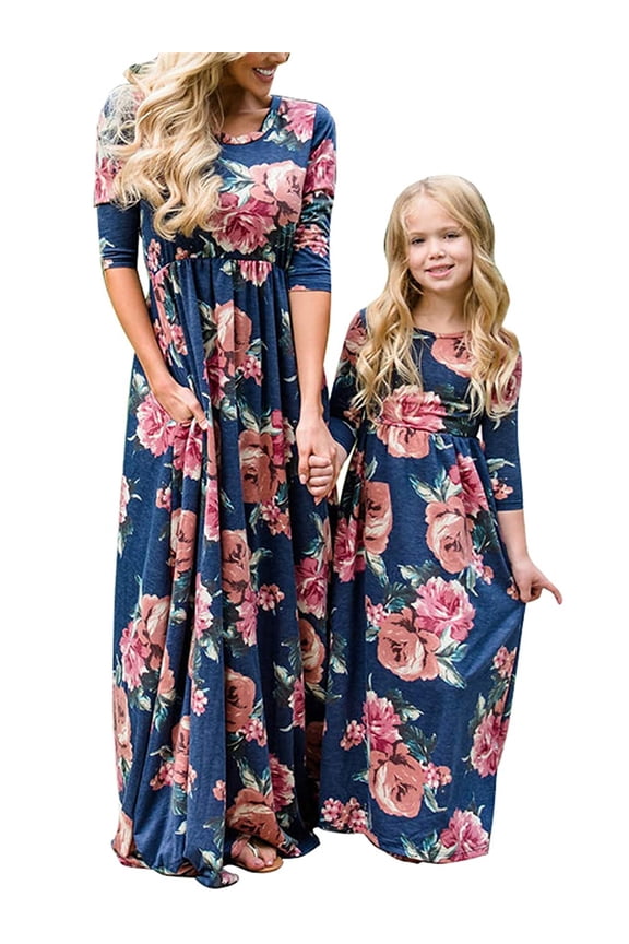Mommy and Me Matching Maxi Long Dresses Sleeveless Bohemia Floral Dress with Pockets