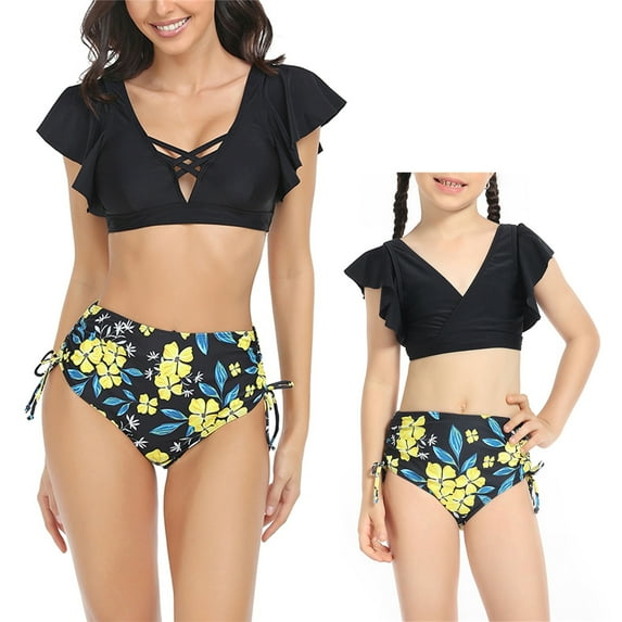 Inevnen Mother Daughter Swimwear Family Matching Girls Swimsuit Women Bikini Set Ruffles Baithing Suit