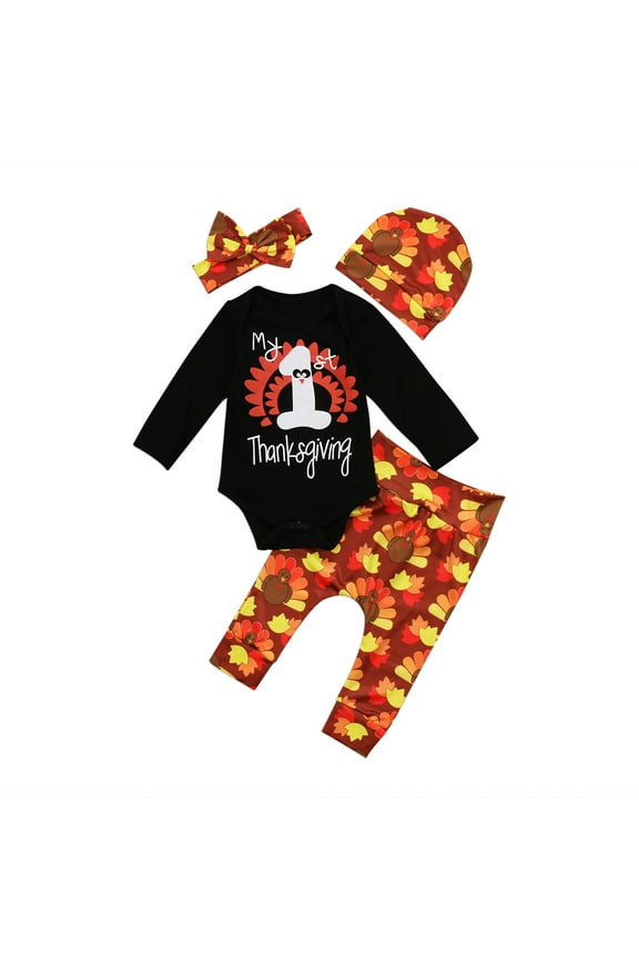 My 1st Thanksgiving Outfits Newborn Baby Girl Boy Romper Bodysuit Turkey Pants Hat 4Pcs Set