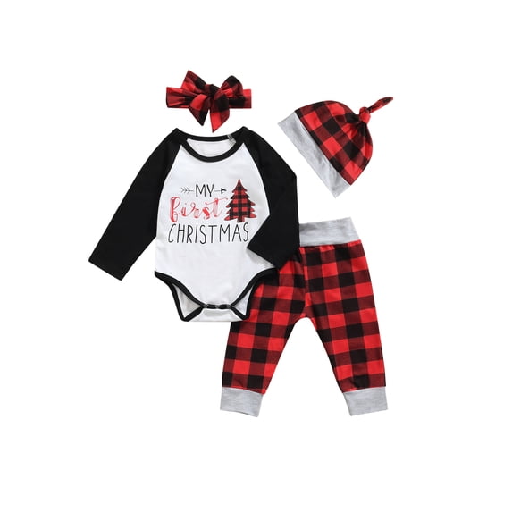 Inevnen My First Christmas 4pcs Plaid Outfit Newborn Baby Boy Girl Raglan Rompers Pant Set