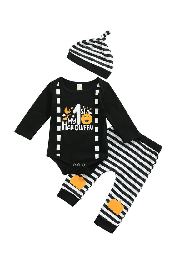 My First Halloween Baby Boy Outfit Clothes Infant Romper Striped Pants Set with Hat 3PCS