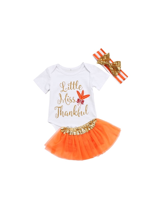 My First Thanksgiving Baby Girls Outfit Romper Top Bow Tutu Short Skirt with Headband Dress