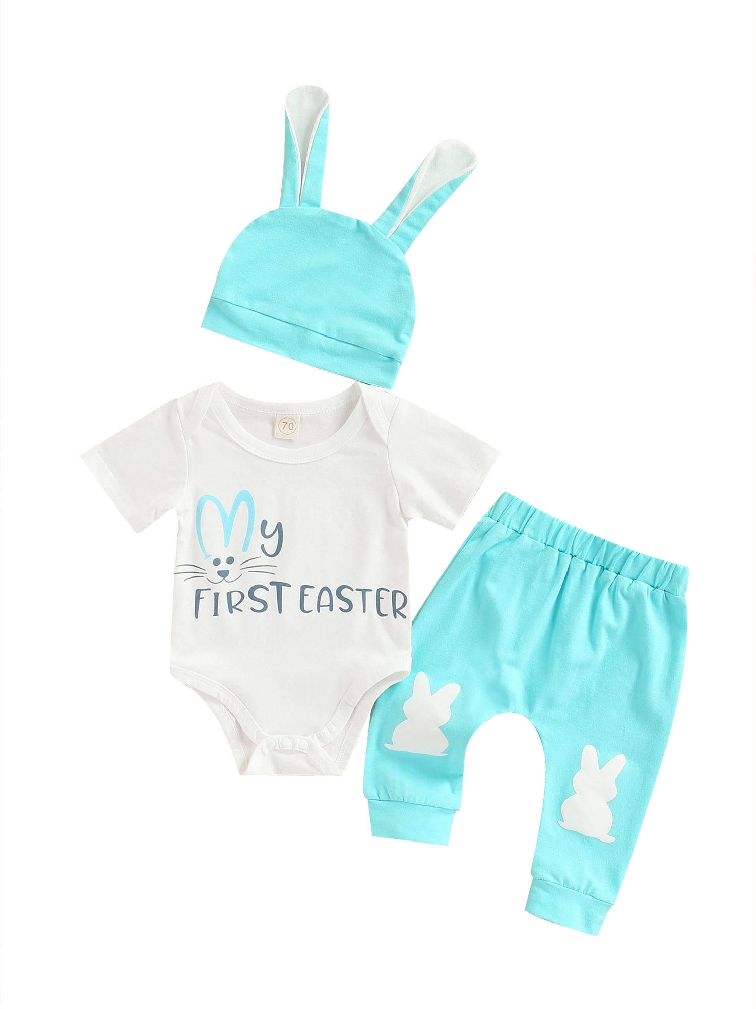 Baby Boy Easter Outfit Set – Bunny Romper, Plaid Pants & Ear Hat 3-Piece Holiday Clothes