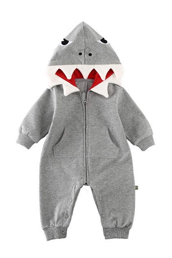 Newborn Infant Kids Boys Girls Shark Jumpsuit Long Sleeve Zipper Hooded Romper