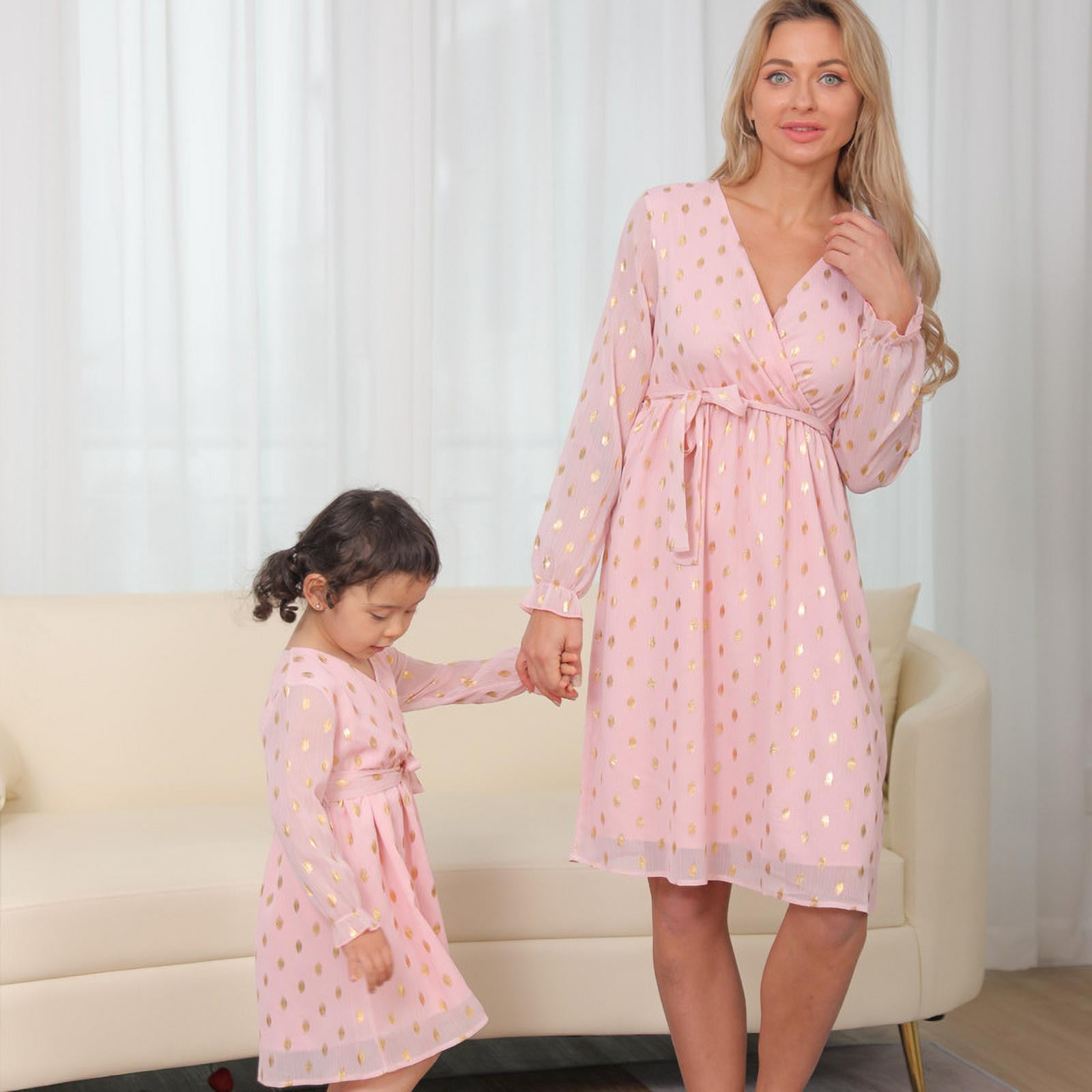 Inevnen Parent child Casual Long Sleeve Dress Pink Wave Points