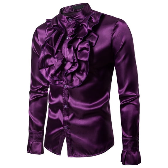 Inevnen Satin Ruffle Shirt for Men Slim Fit Long Sleeve Tuxedo Dress Shirts/Prom Performing Shirts