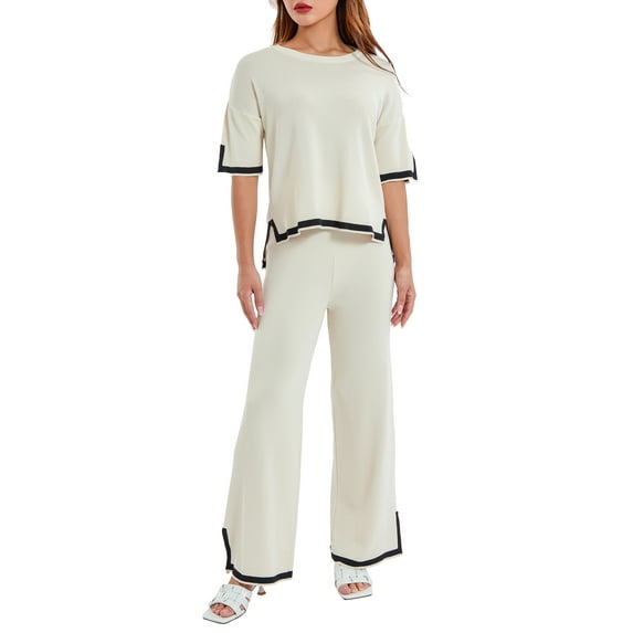 Inevnen Sweater Sets for Women 2 Piece Lounge Sets Short Sleeve Knit Pullover Tops Wide Leg Pants