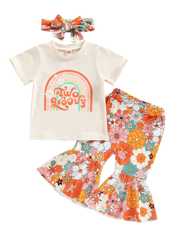 Toddler Baby Girl 2nd 3rd 4th Birthday Outfit Two Groovy T-Shirt Tops Floral Flare Pants Summer Clothes Set
