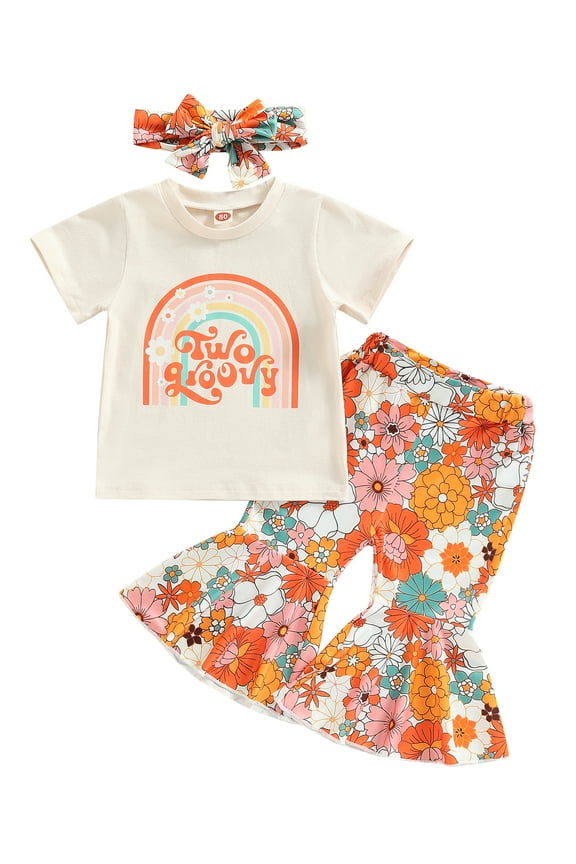 Toddler Baby Girl 2nd 3rd 4th Birthday Outfit Two Groovy T-Shirt Tops Floral Flare Pants Summer Clothes Set