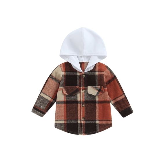 Inevnen Toddler Kids Boys Girls Flannel Hooded Plaid Shirt Button Baby Hoodie Fall Winter Clothes