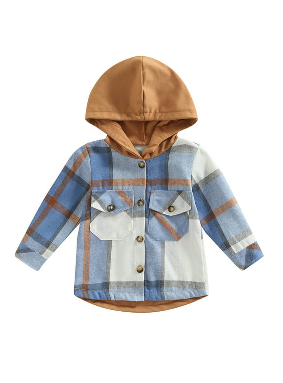 Inevnen Toddler Kids Boys Girls Flannel Hooded Plaid Shirt Button Baby Hoodie Fall Winter Clothes