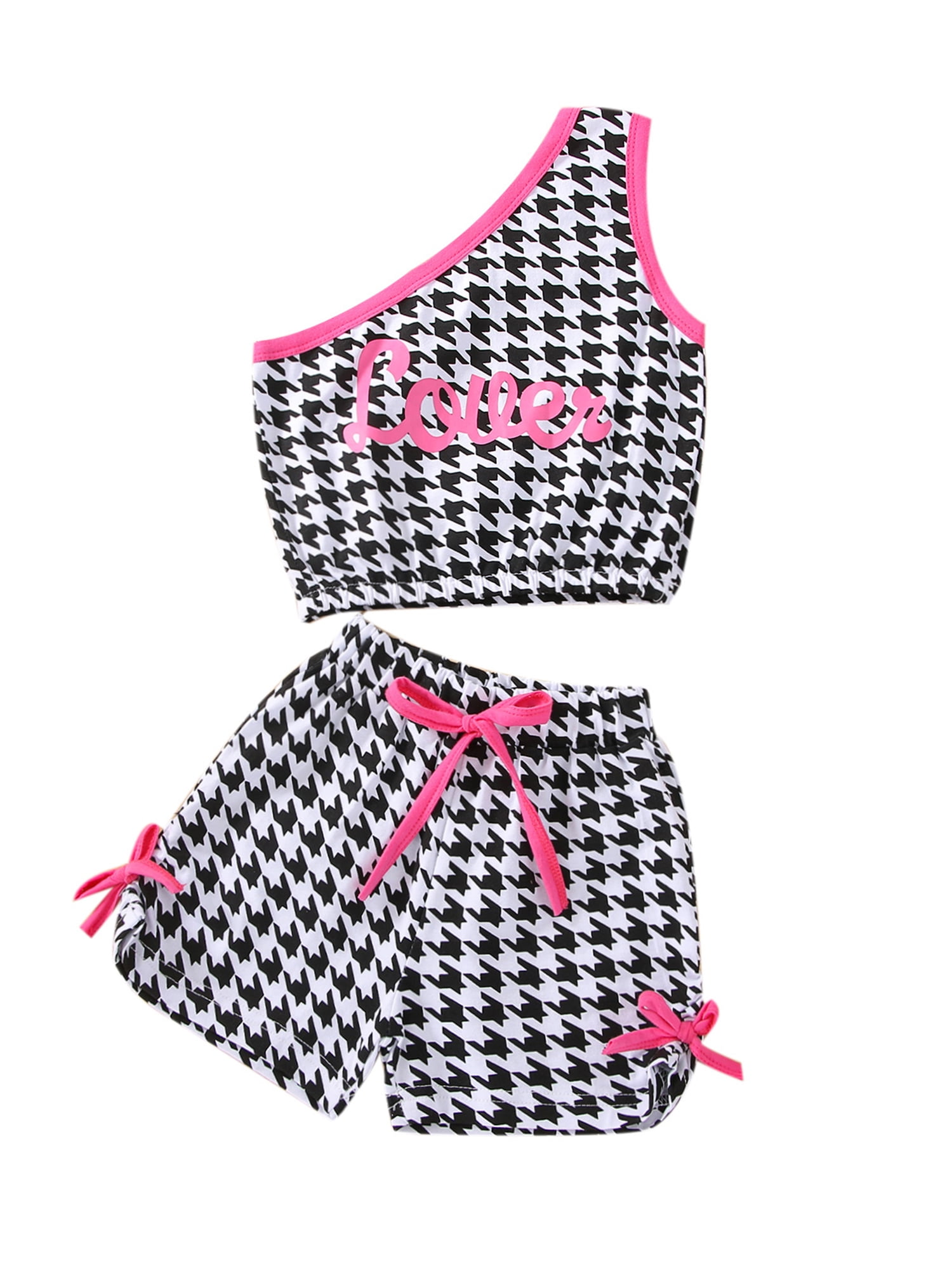 2pcs Toddler Girl Letter Print Houndstooth One Shoulder Tank Top and Bowknot Design Shorts Set