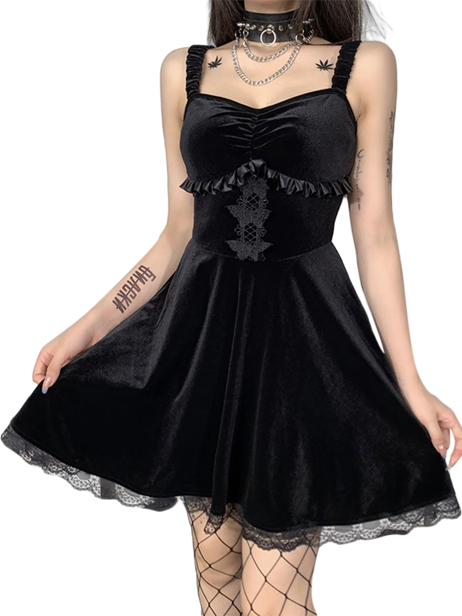 Lace Up Mini Skirt Women Dark Gothic Mesh A-Line Punk Style Party Black  Dress