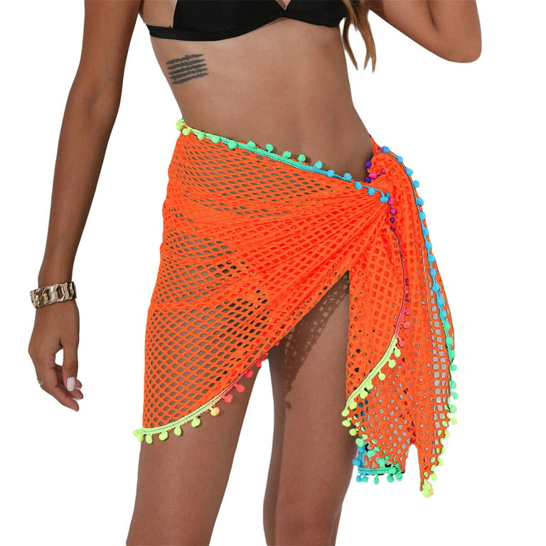 Inevnen Women Crochet Beach Cover Ups Hollow Out Fish Net Swimsuit Coverup  Tassel Knit Sarong Swimwear