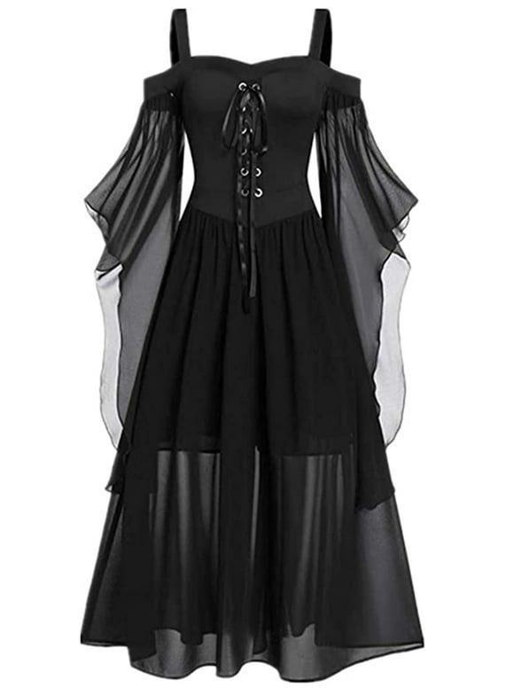 Inevnen Women Flare Sleeve Renaissance Dress Halloween Medieval Costume Faire Gothic Gown