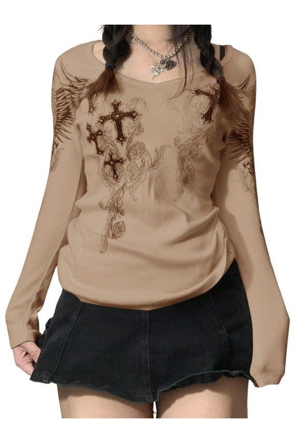 Women Graphic Print Blouse Top Long Sleeve 90S Rhinestone Tees Grunge Fairy Aesthetic Shirts