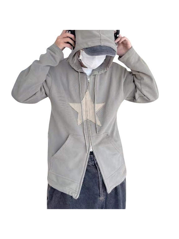 Women Long Sleeve Zip Up Hoodie Jacket Star Vintage Casual Cardigan Sweatshirt with Pocket