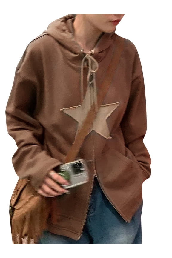 Women Long Sleeve Zip Up Hoodie Jacket Star Vintage Casual Cardigan Sweatshirt with Pocket