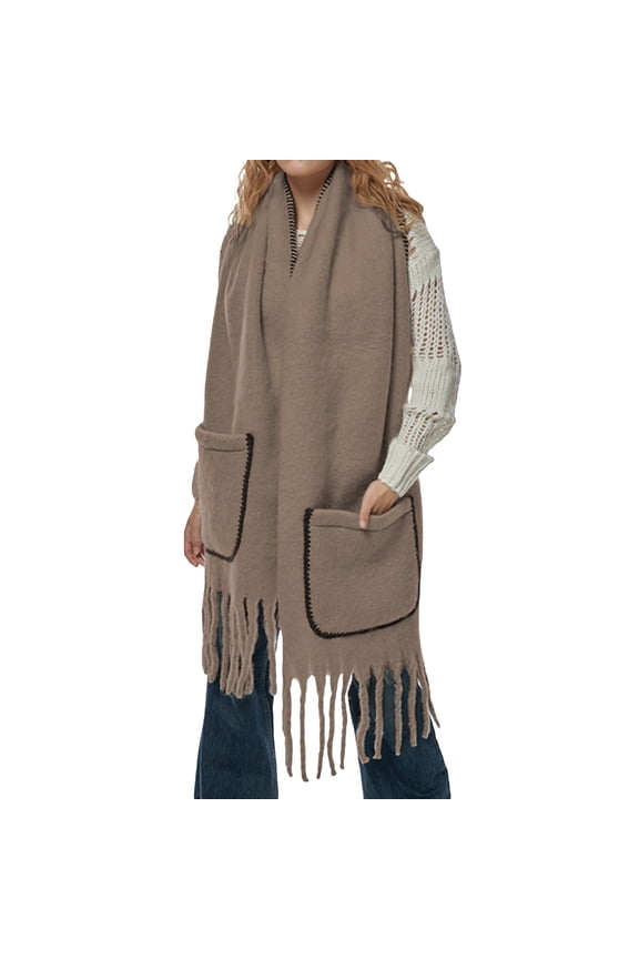 Women Men Long Scarf, Elegant Fringe Shawl Winter Warm Stoles Scarf with Pockets